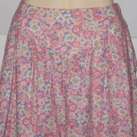 Pink Blue Floral Flared Skirt XS 26" Waist Cotton Blend Side Zipper Vintage 80's - Picture 8 of 15
